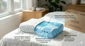 Illustration of a cooling pillow for neck pain and sweating with bilingual English and French product information labels.