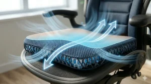 A driver using a specialized cooling chair pad for back sweat on a leather car seat during a summer road trip through the Canadian Rockies.