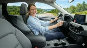Illustration of driver comfort using the cooling pad in a Canadian summer. | Confort optimal du conducteur avec le coussin rafraîchissant.