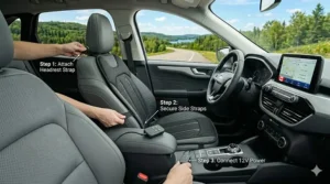 Step-by-step installation guide for car seat cooling pad. | Guide d'installation rapide pour coussin de siège auto.