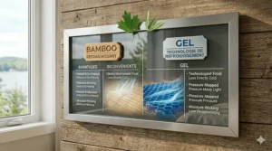 A bilingual summary chart (English/French) helping Canadians choose between bamboo and gel mattress cooling technology.
