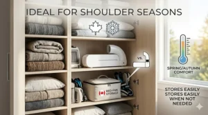 A tidy closet illustration showing the compact bed fan unit stored easily alongside heavy winter blankets during the shoulder seasons.
