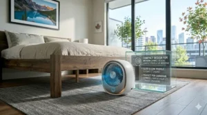 Sleek and compact quiet bed fan for couples designed to fit modern Canadian condo aesthetics.