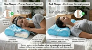 Infographic comparing heat retention in standard pillows versus heat dissipation in a cooling pillow for neck pain.