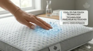 Illustration of a hand touching a cooling pillow surface with blue crystalline icons representing immediate "cool-to-the-touch" technology.