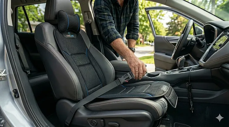 Cooling car seat pad for hot Canadian summers, shown in a parked car.