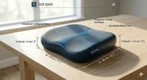 Dimension guide for the cooling gel cushion, ensuring a perfect fit for standard racing and ergonomic chairs.