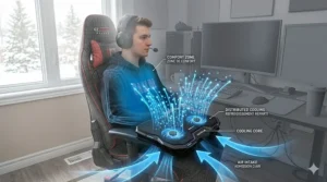 Diagram showing airflow of a gaming chair cooling pad. / Diagramme illustrant le flux d'air d'un coussin de refroidissement pour chaise de jeu.