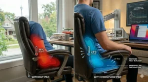 Comparison graphic of comfort using a cooling pad for leather office chair.