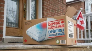 Illustration of a cooling pillow box with a "Proudly Canadian" or "Shipping across Canada" maple leaf icon.