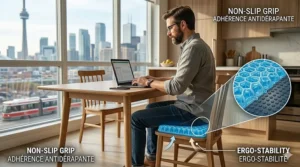 A stylized vector graphic of a Canadian remote worker staying productive and cool with a cooling seat cushion for work from home during hot summer months.