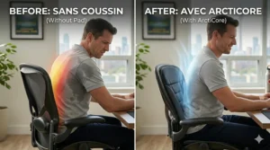 A rustic cottage workspace with a laptop setup where a wooden chair uses a sleek cooling chair pad for back sweat to stay comfortable without air conditioning.