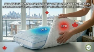 A dual-sided pillow featuring a cooling gel side for summer and a soft quilted side for Canadian winters.