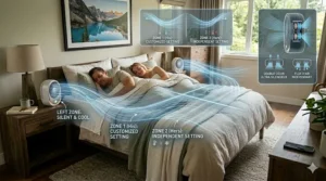 Illustration of a dual-zone quiet bed fan for couples allowing individualized temperature control.