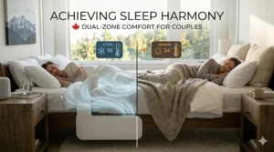 A split-bed illustration showing independent dual-zone temperature control, ideal for couples where one is a hot sleeper.