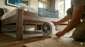 Step-by-step guide showing how to install a quiet bed fan for couples under a standard bed frame.