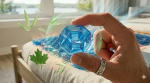 Sustainable bamboo cooling mattress pad graphic featuring a green maple leaf to highlight eco-conscious Canadian choices.