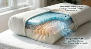Diagram showing cervical spine alignment on a cooling contour pillow to prevent neck pain and stiffness.
