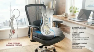 An infographic visualization using transparent skeletal overlays and comparative icons to demonstrate how the contoured shape and U-shaped cut-out of the cooling seat cushion provide optimal ergonomic spinal alignment and pressure relief while seated in an office chair, all presented in soft, natural daylight.