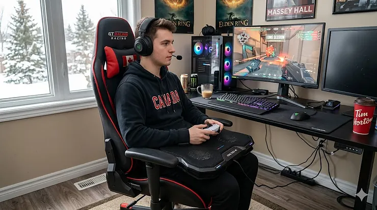 Gaming chair cooling pad setup for long sessions. / Coussin de refroidissement pour chaise de jeu, idéal pour les longues sessions. gaming chair cooling pad for long sessions