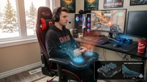 Complete gaming setup featuring a chair cooling pad. / Installation de jeu complète avec un coussin de refroidissement pour chaise.