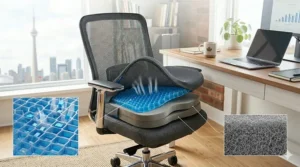 A high-resolution, photorealistic close-up photograph of a physical cross-section cutaway of the cooling seat cushion, clearly showing the distinct, complex material textures of the ventilated blue gel grid layer, the contoured memory foam base, and the breathable mesh cover.