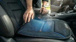 Breathable mesh material of a cooling seat pad for summer comfort.