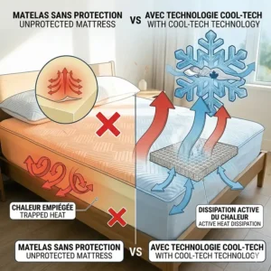 Graphic showing moisture-wicking technology in a cooling pad for memory foam beds to prevent night sweats.