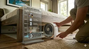 A chart comparing the low decibel levels of a quiet bed fan for couples against standard household fans.