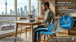 An illustration highlighting the non-slip bottom texture of a premium cooling seat cushion for work from home office chairs to ensure zero sliding.