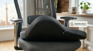 A photorealistic, highly detailed close-up shot of the cushion's underside, revealing a dense pattern of numerous small, integrated, high-traction rubber grippy dots on the base, designed to secure the cooling cushion onto any office chair surface without slipping.