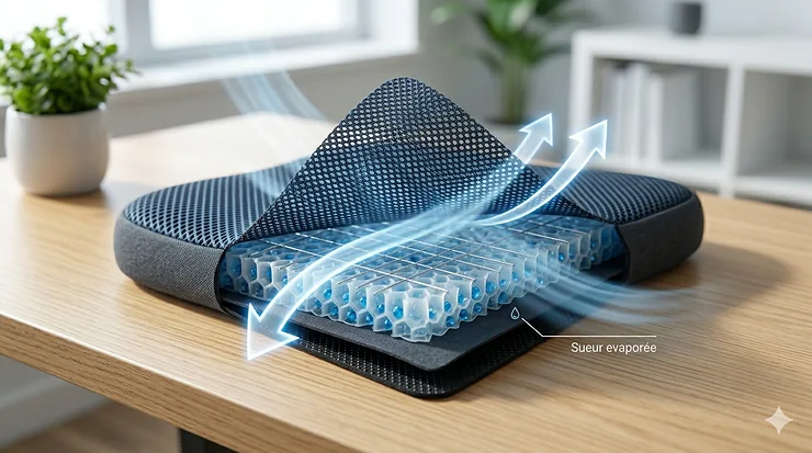 A Canadian professional working comfortably at a wooden desk in a sunlit Toronto home office, using a breathable cooling chair pad for back sweat during a hot summer day.