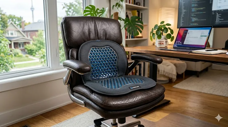 Cooling pad for leather office chair on ergonomic seat. Coussin rafraîchissant pour chaise de bureau.
