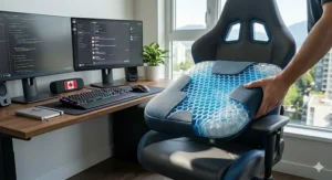 Portable cooling gel cushion being placed onto a professional racing chair for immediate ergonomic support.