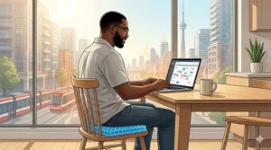 A split illustration showcasing a portable cooling seat cushion used for working from home at a desk and relaxing on an outdoor patio chair.