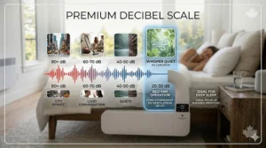 A visual decibel comparison chart illustrating the whisper-quiet operation of a bed fan, ideal for deep sleep.