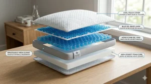Diagram showing proper neck and spine alignment for a side sleeper using a high-loft cooling pillow to prevent morning stiffness.