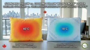 Infographic comparing a standard pillow versus a cooling pillow that stays cold all night for hot sleepers.