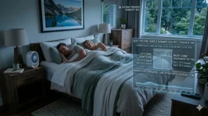 Illustration of a couple sleeping soundly in a Toronto home during a humid summer night using a quiet bed fan.