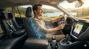 Driver using a cooling car seat pad during a hot summer road trip.