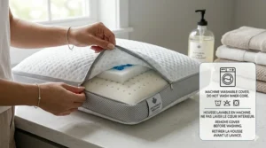 Illustration of a removable pillow cover with a care label in English and French, highlighting "Machine Washable / Lavable à la machine."