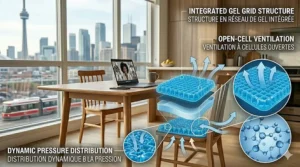 A graphic displaying the easy-to-clean, machine-washable fabric cover of a cooling seat cushion for work from home, featuring bilingual English and French product details.