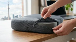 A high-detail, photorealistic close-up photograph capturing hands actively closing a small, color-matched zipper pull to secure the textured dark grey mesh cover around the high-density memory foam core, set on the wooden surface of the home office desk.