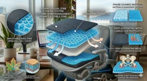 A product diagram showing the inner breathable gel grid technology of a cooling seat cushion for work from home professionals to prevent overheating.