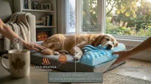 Graphic representing year-round comfort for dogs in all Canadian seasons.