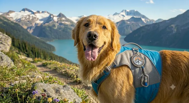 A comparison illustration showing summer gear (cooling vest) versus winter gear for Canadian hiking conditions. (Comparaison équipement été-hiver pour chien) cooling vest for dogs hot weather