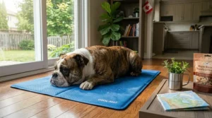 Bulldog enjoying summer comfort on a cooling mat.