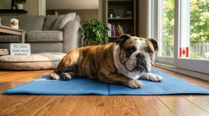 Happy bulldog relaxing on a cooling mat indoors.