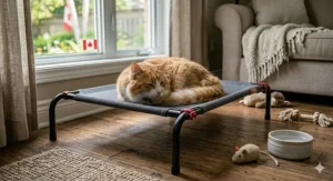 A cat lounging on a compact elevated cooling pet bed.