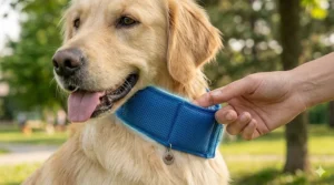 Close-up of a dog wearing a lightweight cooling collar for a comfortable, secure fit.